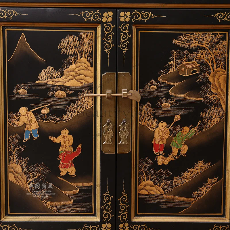 PG new Chinese paint hand-painted gold-painted side cabinet antique storage old elm multi-layer entrance cabinet customization