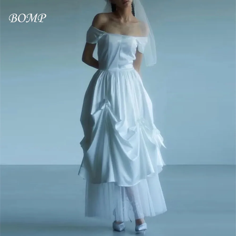 

BOMP Modern Draped Wedding Party Dress with Veil Off Shoulder Tiered Korea Photo Shoot Bridal Reception Gown Customized 2026 New
