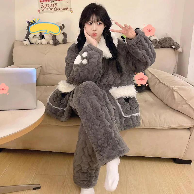 Pijamas de mujer, ropa de dormir cómoda, conjunto de pijama de algodón, invierno, otoño, acolchado, oso coreano, forro polar Coral, traje para casa grueso y cálido para adolescentes