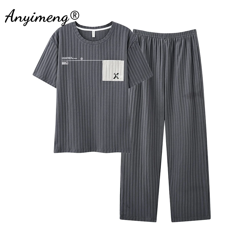 Spring Autumn Men Pajama Sets Short Sleeves Long Pants Coffee Pajamas Big Size L-3XL Pijamas O-neck Sleepwear Soft Loungewear