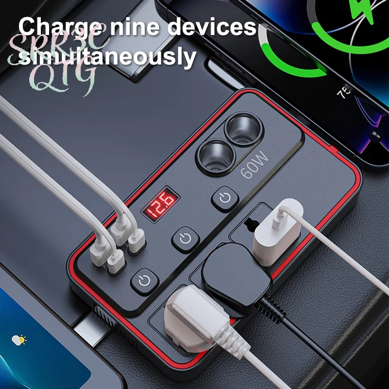 150W Car Inverter DC12V/24V To 220V Converter LED Display Sockets Independent Switch Power Inverter Adapter USB Type-C Charger