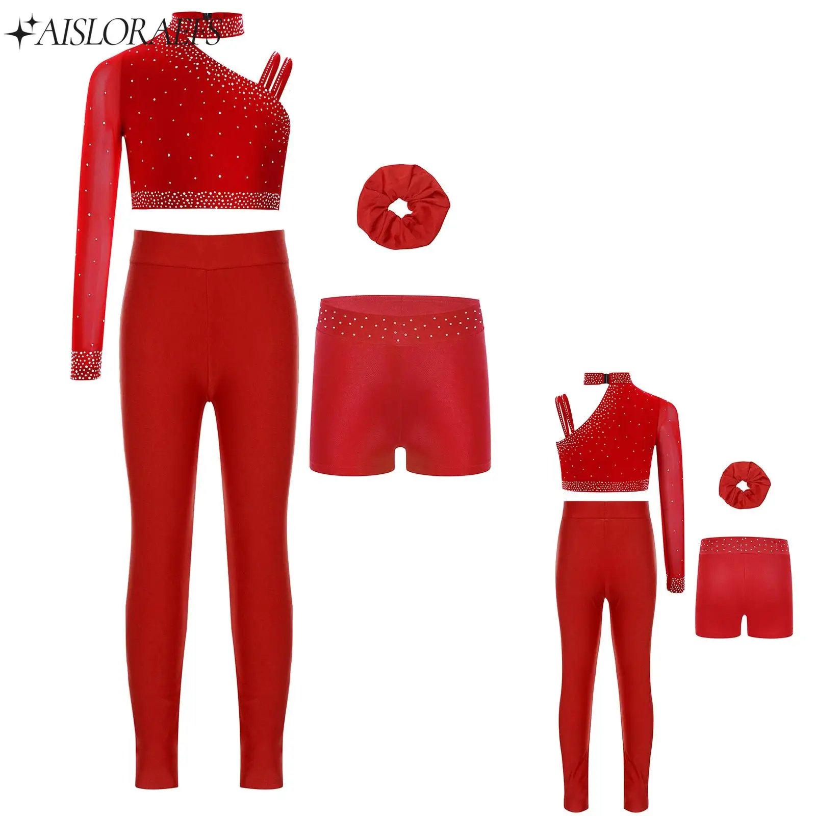 Girls Figure Skating Ballet Dance Gymnastics Outfit Unique Irregular Shoulder Rhinestones Crop Top with Shorts Hairband Leggings