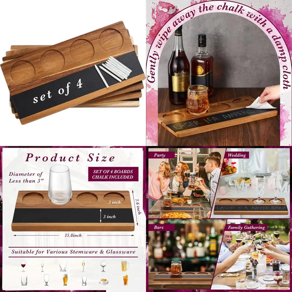 

Set of 4 Wine Tasting Flights on Wooden Board with 8 Soapstone Chalks for Whiskey, Beer, Cocktails, and Coffee Parties