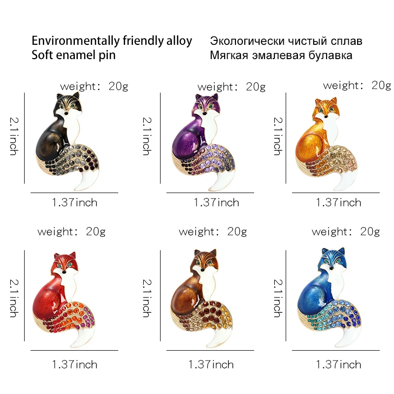 6Colors Fox Brooch Rhinestone Animal Corsage Lapel Pin Scarf Bag Clothes Colorful Glaze Jewelry Gift for Women Friends Children