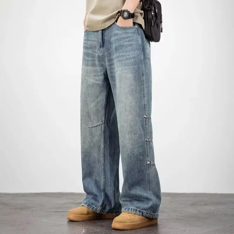 

Ceecuz Summer Thin Pleated Loose Straight Leg Jeans Men's Design Wide Leg Floor-Length Casual Pants Slim Fit Low Waist