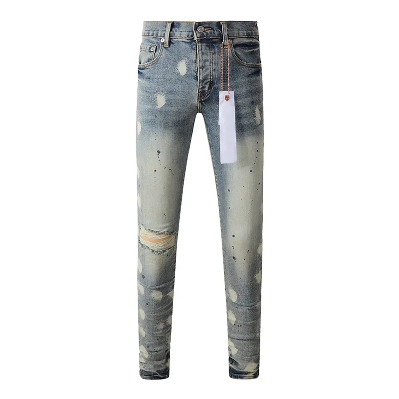 Pria tinggi Streetwear Distressed biru muda peregangan kurus tinggi Qaulity merek lubang Jeans robek