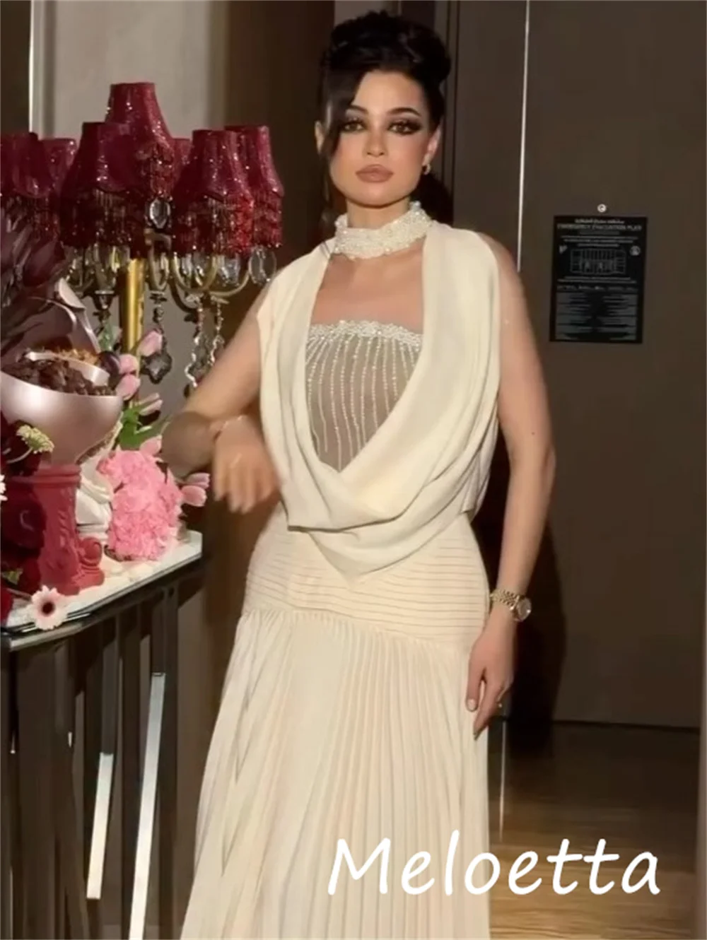 Customized Sizes Available Jersey Sequined Pleat A-line High Collar Long Dresses Bespoke Occasion Simple