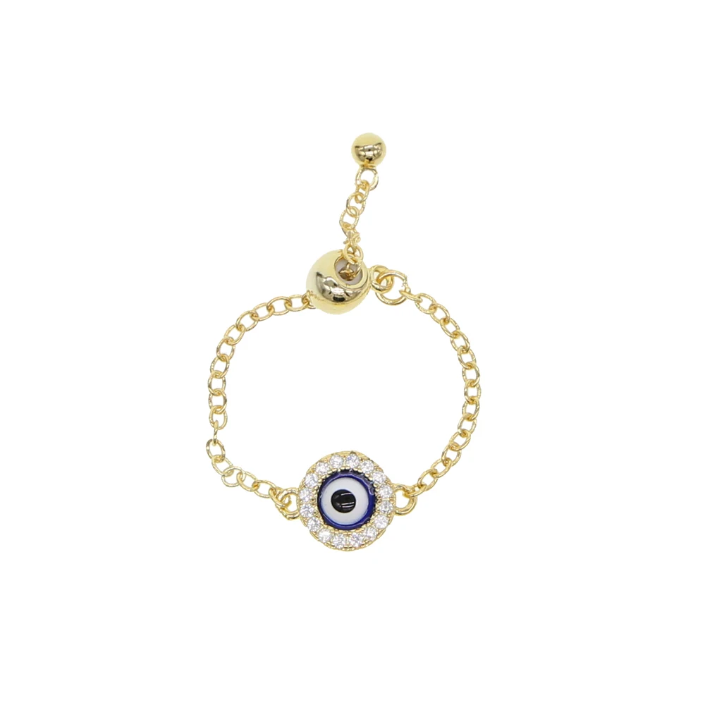 Round disco bluel enamel turkish evil eye charm chain ring cheap wholesale fashion finger rings