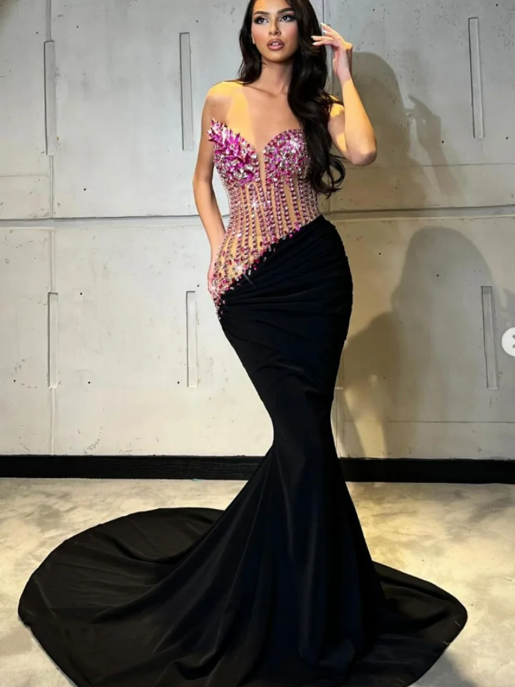 

2025 Women Celebrity Sexy Strapless Patchwork Diamonds Patchwork Black Maxi Long Dress Elegant Evening Club Party Outfit