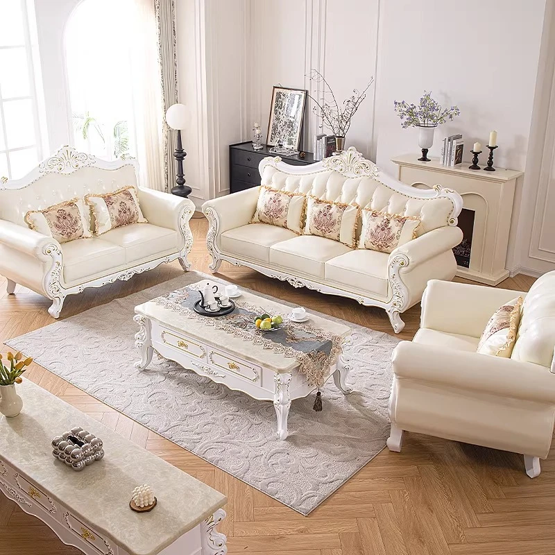 

Leather sofa living room luxury small apartment combination sofa first layer cowhide full solid wood carving flower furniture