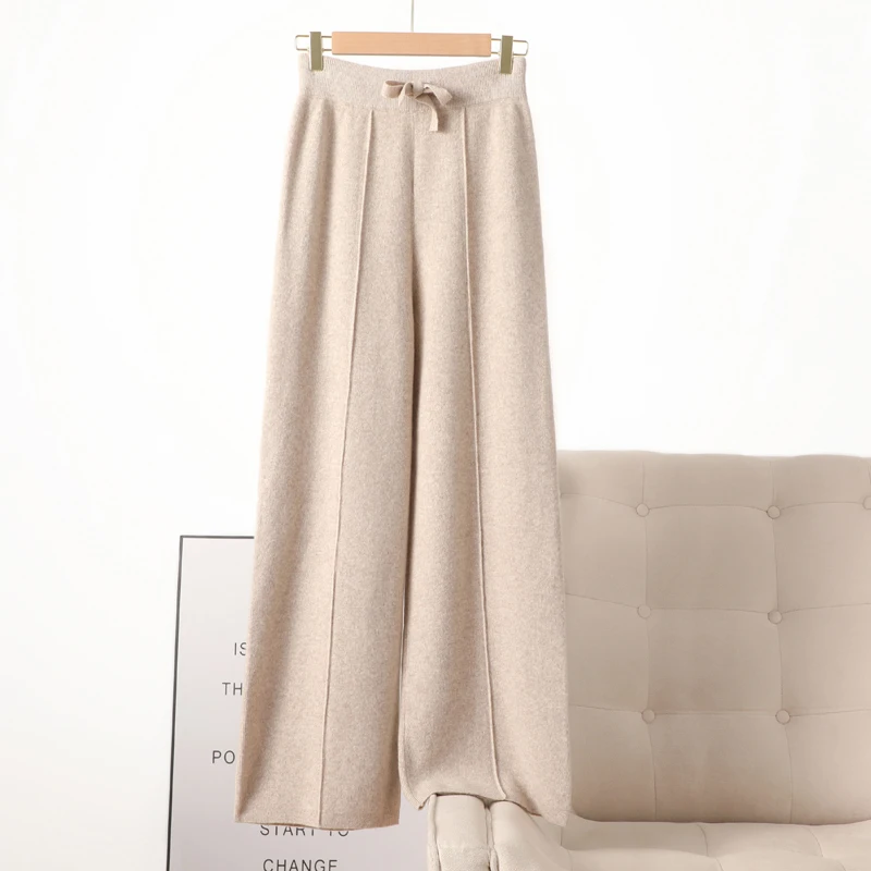 Women's pure cashmere knit wide-leg pants with high waist, straight cylinder, and thickened center line for autumn and winter.