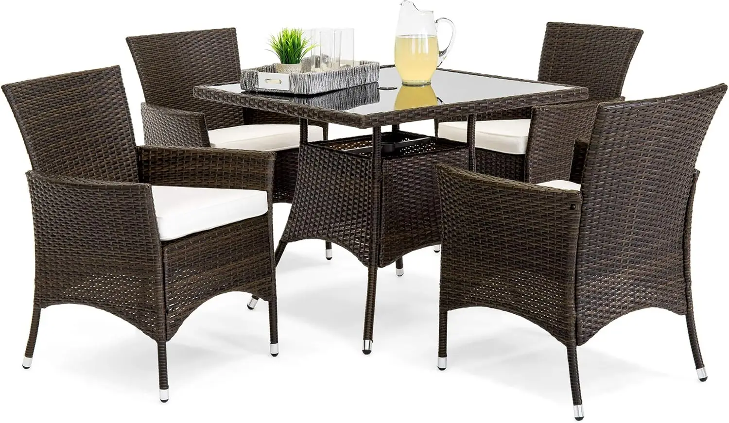 

5-Piece Indoor Outdoor Wicker Dining Set Furniture for Patio, Backyard w/Square Glass Tabletop, Umbrella Cutout, 4 Chairs