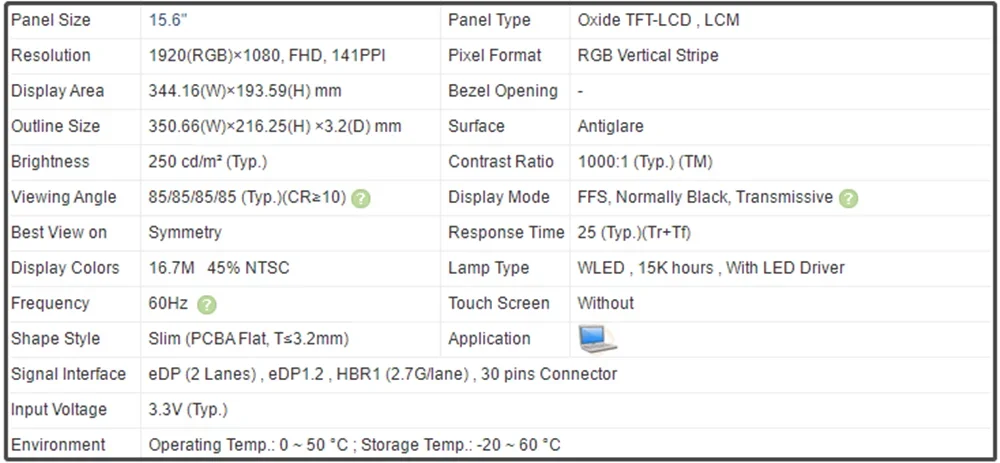 LM156LFBL02 15.6 Inch LCD Screen Display EDP 30Pins FHD 1920x1080 Laptop IPS Panel 60Hz