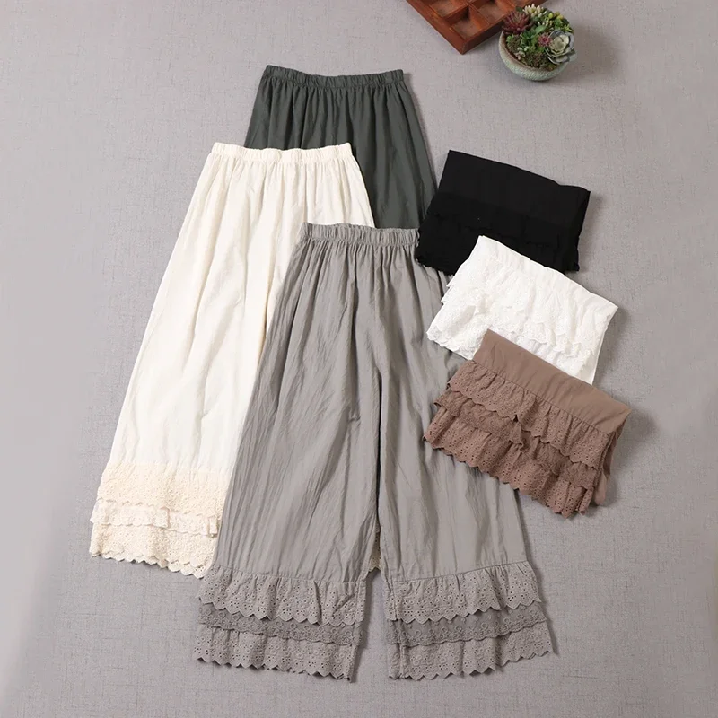 

Spring Autumn Japan Style Mori Girl Sweet Lace Embroidery Wide Leg Pants Women Elastic Waist Casual Loose Cotton Linen Trousers