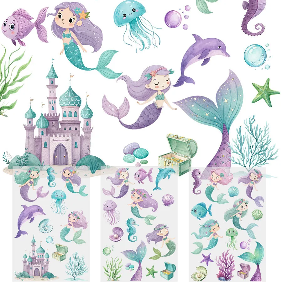 3pcs Cute Mermaid Sea Animals DIY UV DTF Rub On Glass Cup Wrap Transfer Sticker Crafts Tumbler Glass Coffee  Mug Card Gift Decor