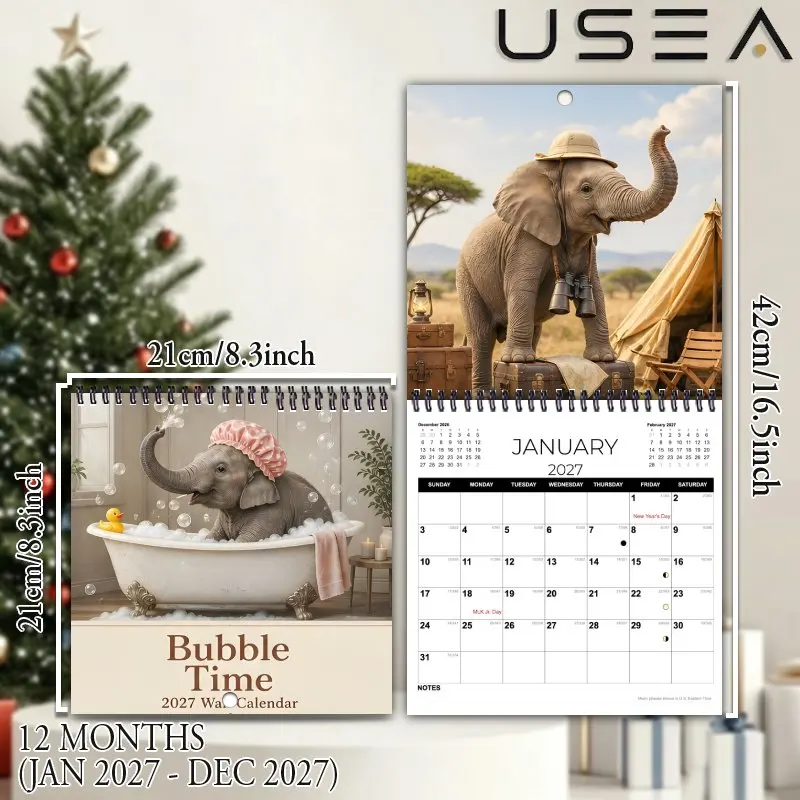2027 Square Spiral Wall Calendar,US Federal Holidays & Moon Phases, Adorable Elephant Bubble Bath Art, Ideal Christmas Gift