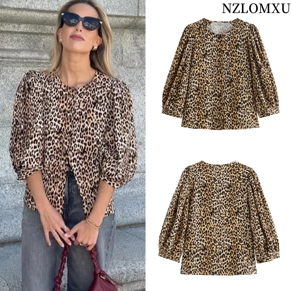 Leopard Women Blouses Vintage Animal Print Cropped Blouse Puff Sleeve Loose Summer Blouses Ruched Casual Elegant Blouse