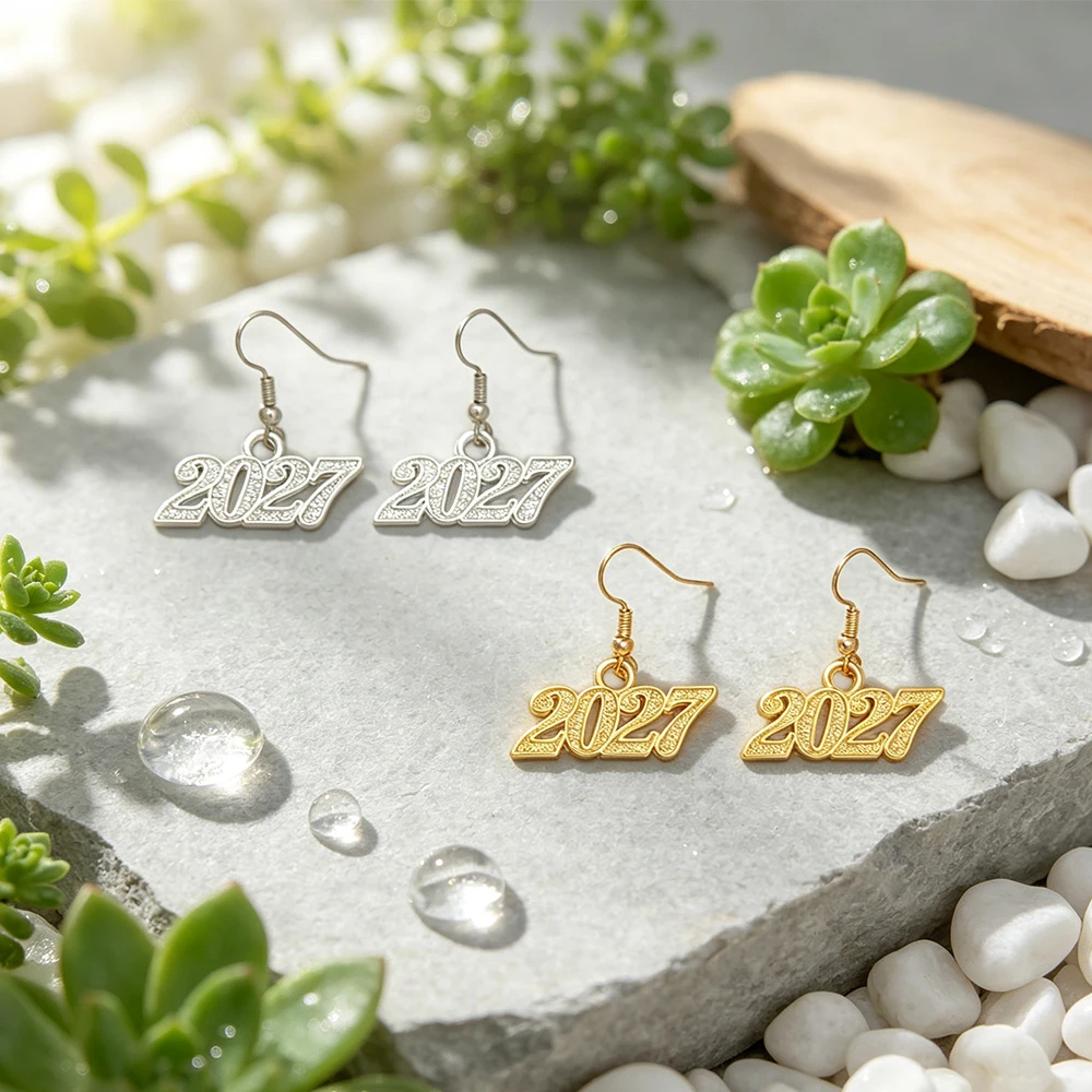 2027 Digital Shape Ear Hook Earrings Graduation Commemorative New Year Party Earrings Gold and Silver Women's Pendant Earrings