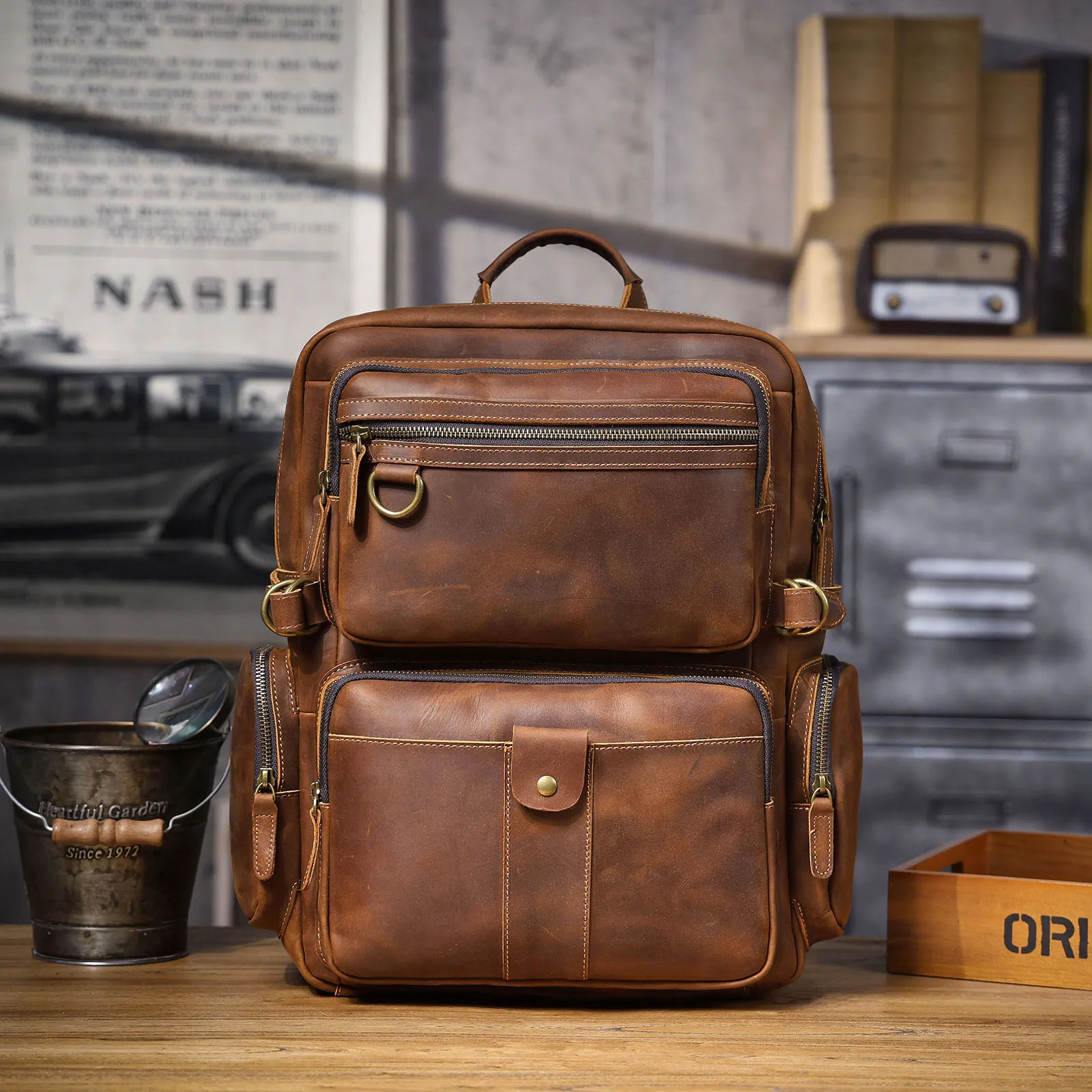 S.WORKER Vintage Echtleder-Rucksack Laptop-Tasche Casual Crazy-Horse-Leder Schultasche Outdoor-Reise-Weekender-Tasche – Detail 18