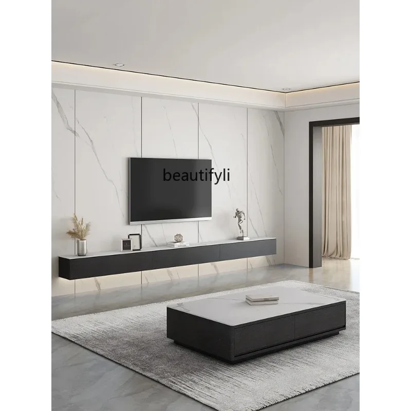 LHY26 ss LBX TV Cabinet and Tea Table Combination Wall-Mounted Solid Wood Stone Plate Modern Minimalist Living Room 3 M Narrow H