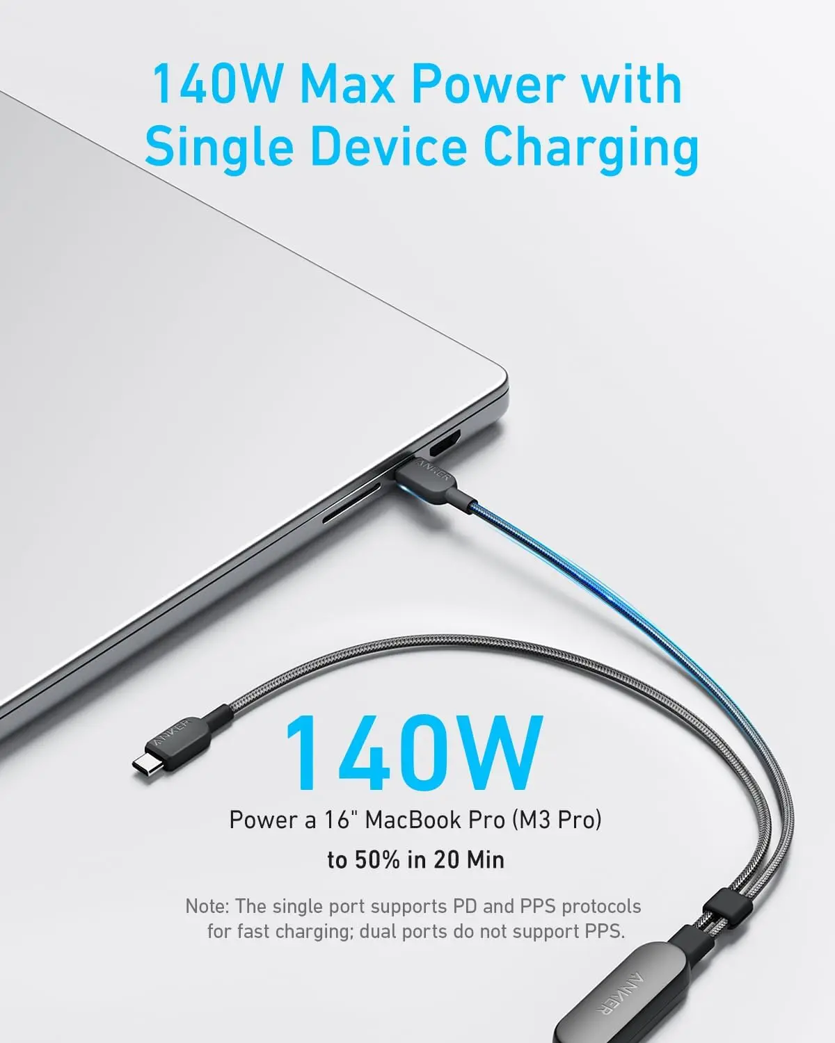 140W ANKER 2-in-1 USB-C Cable PD Fast Charging Braided Cord for iPhone 17 16 Pro Max MacBook iPad Huawei