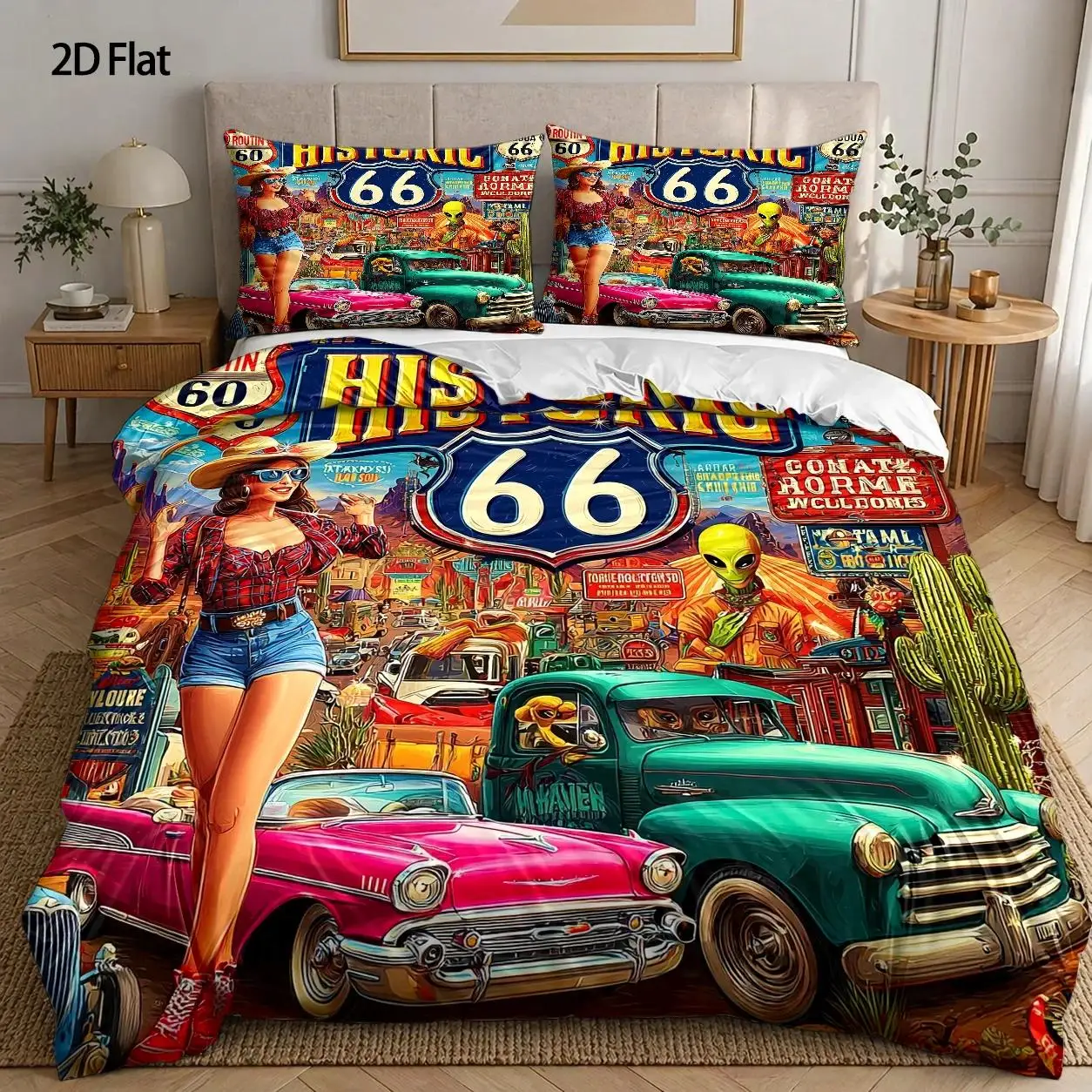 3-Piece Quilt Cover Set, 1 Quilt Cover + 2 Pillowcases (Without Filling) 2D Flat Priting, Retro Route 66, Retro Art Style, June Festival, Three-Piece Quilt Cover Set, Suitable for All Seasons, Machine Washable, Invisible Zipper, Suitable for Home, Dormitory, Master Bedroom, Guest Room Use