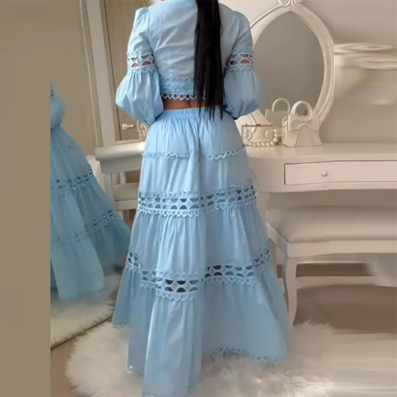 Traje de fiesta holgado con diseño de encaje para mujer, Top informal de manga larga con cuello redondo y falda larga, conjunto de 2 piezas, traje de vacaciones plisado calado Sexy