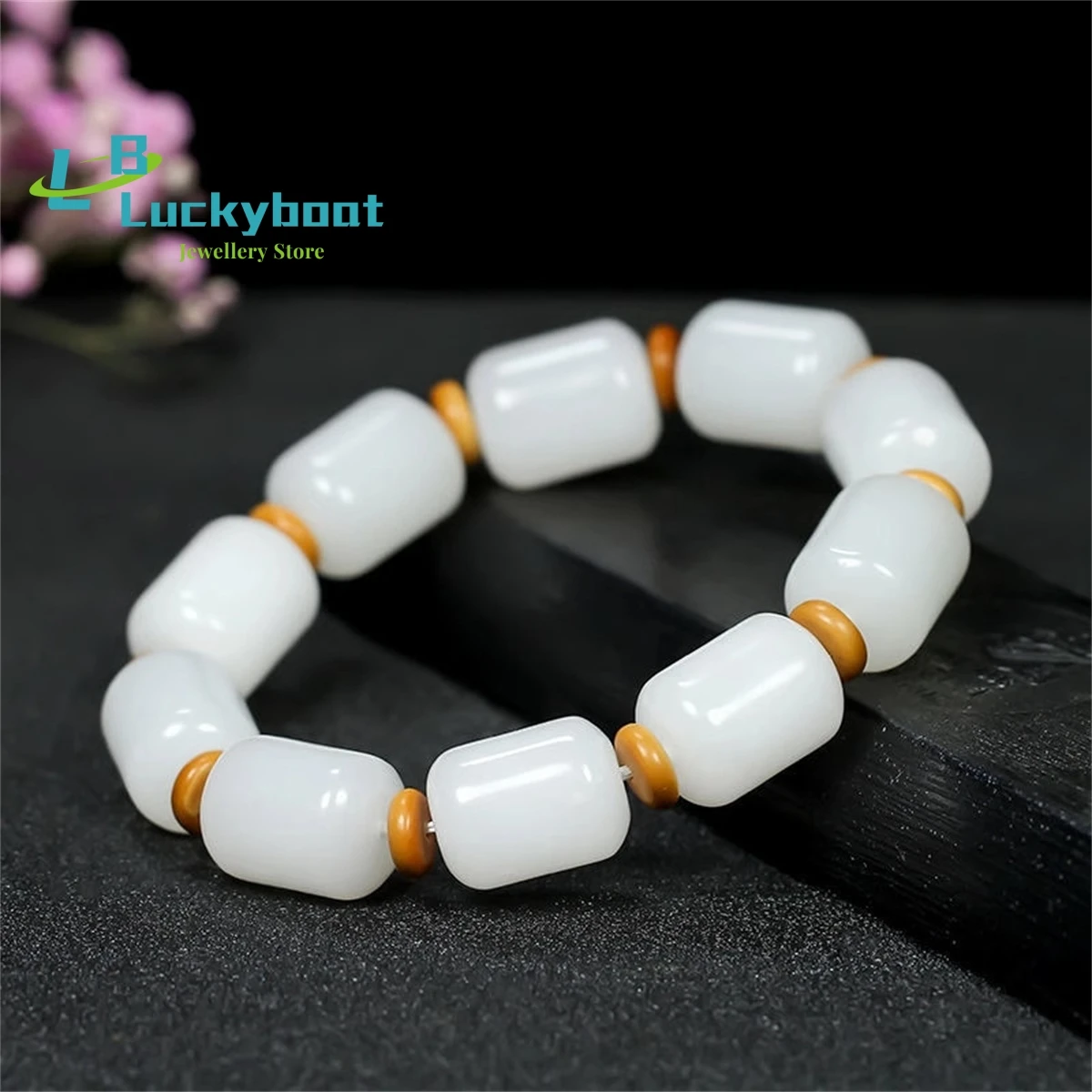 Xinjiang Natural Sheep Fat Gold Silk White Jade Old Shape Beads Rice Beads Men's and Women's Round Beads Bracelets Jewelry Jade