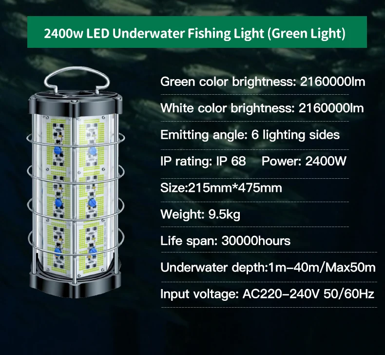 2000W Green 220v IP68 Fishing Lures LED Flood Light Lamp Submersible Squid Fishing Lights