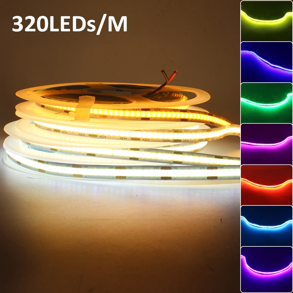 5M FCOB LED Strip Light 12V 8mm 320 Chips High Density Flexible Ribbon Red Green Blue Warm Nature Cool White COB Linear Lighting