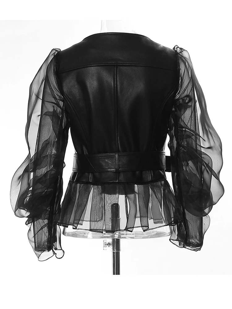 [EAM] Loose Fit Black Pu Leather Mesh Elegant Jacket New Lapel Long Sleeve Women Coat Fashion Tide Spring Autumn 2025 17A8517