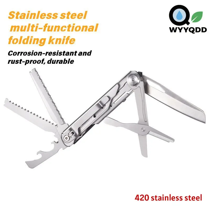 

420 Stainless Steel Folding Multitool Knife - Serrated Blade Scissors Bottle Opener for Cutting & Car Window Breaking