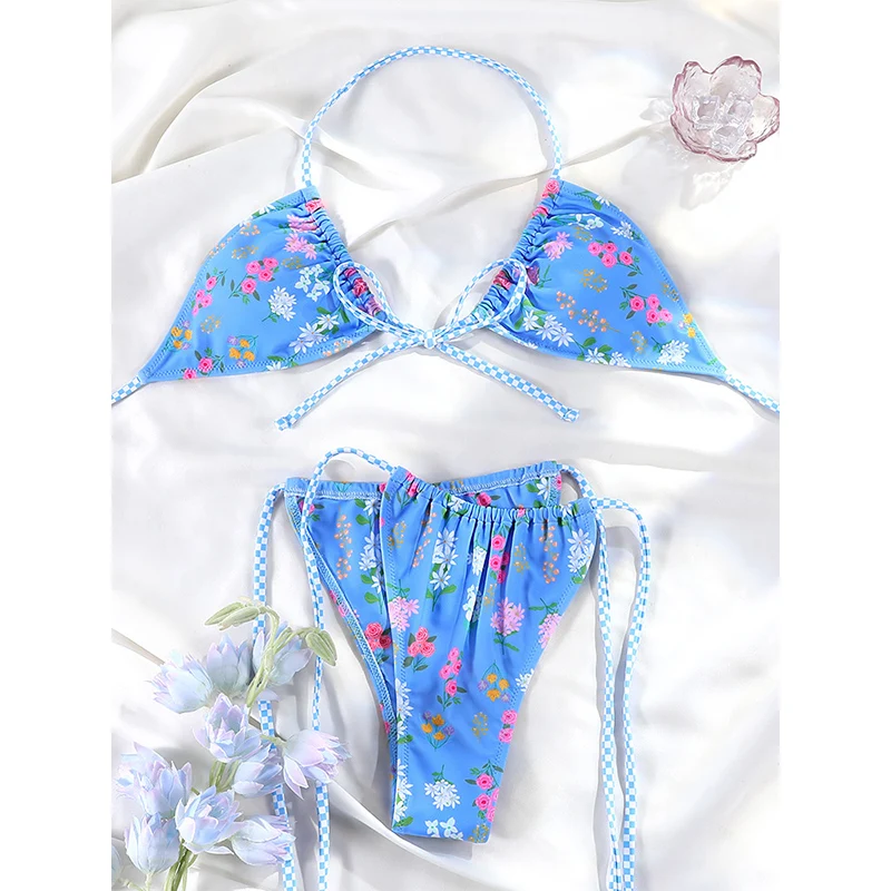 Rinabe Trójkątne Stroje Kąpielowe Niebieskie Bikini w Kwiatowy Wzór Wiązane na Szyi Strój Plażowy z Wysokim Wycięciem Stringi Mikro Bikini Strój Kąpielowy na Wakacje