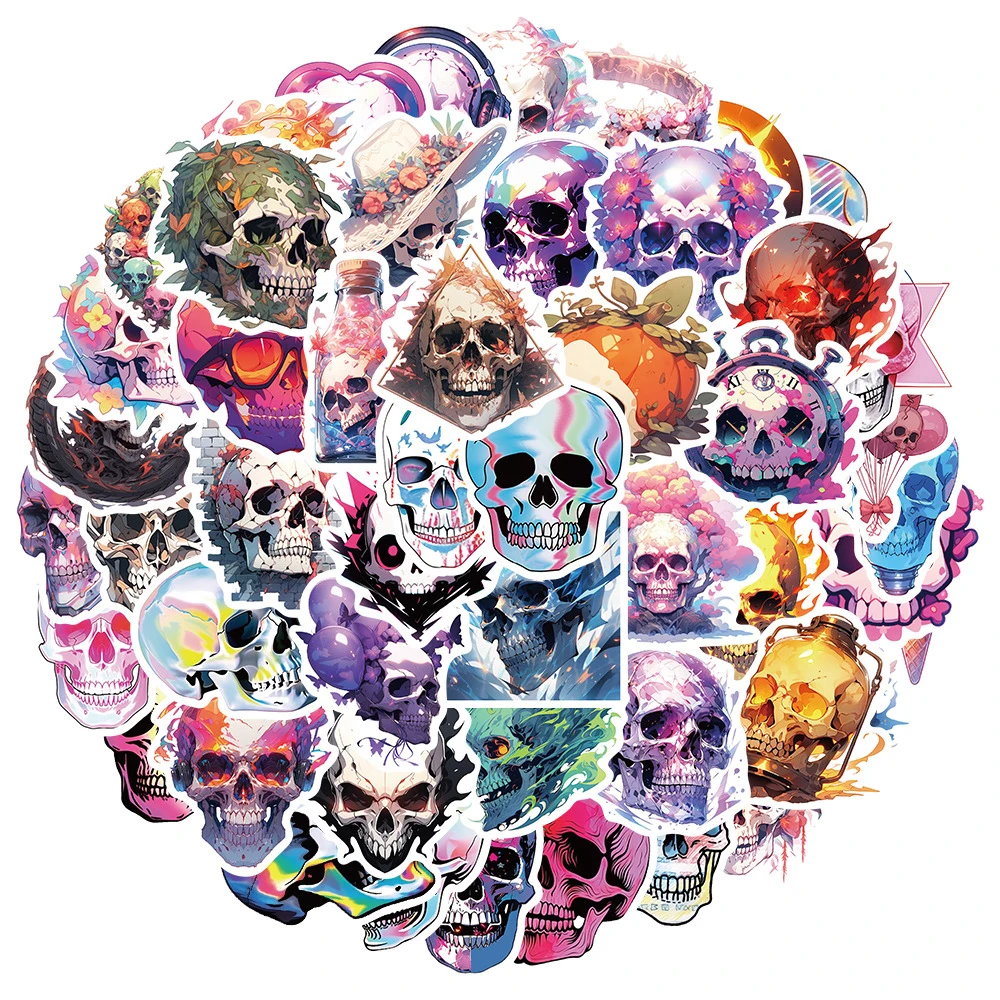 Halloween Horror Laser Skull com adesivos legais, Decalques estéticos dos desenhos animados, Skate, Laptop, Carro, Adesivo impermeável, 10 pcs, 30 pcs, 50pcs