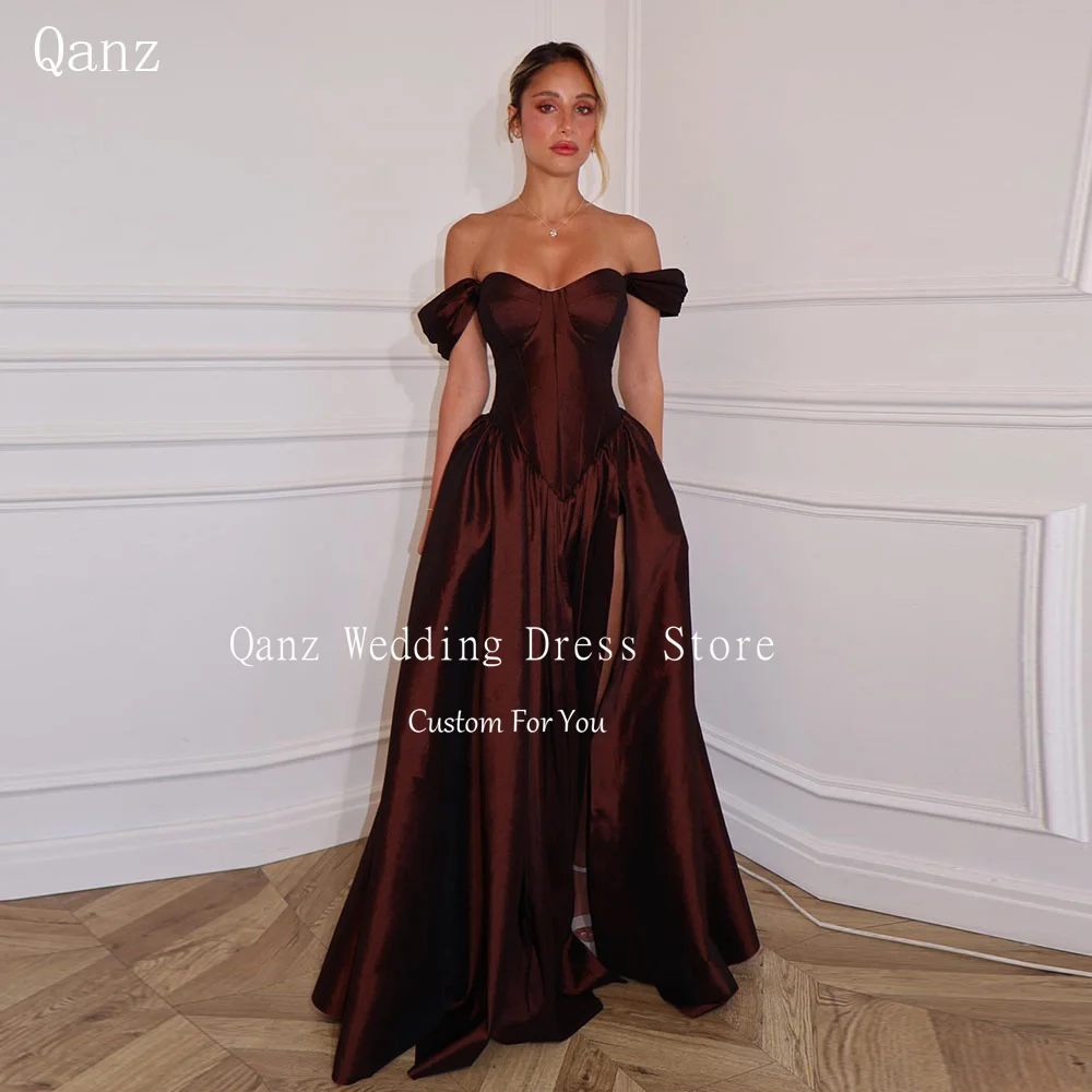 

Qanz Elegant Women Prom Dress High Side Sllit Off The Shouder Evening Gowns Long A Line Brown Wedding Guest Dresses Customized