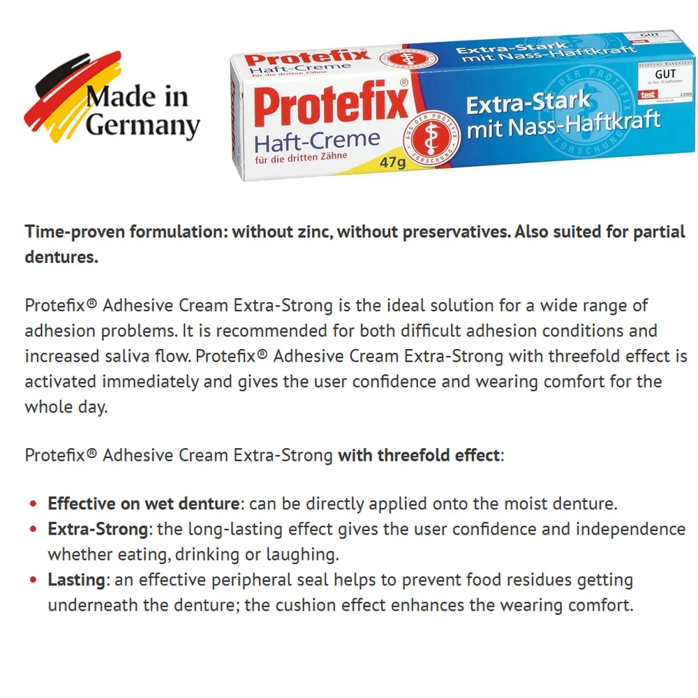 Protefix Adhesive Cream For Denture Fixing Extra Strong Water Proof 47g Haft Paste Glue Stark Germany Professional Dental