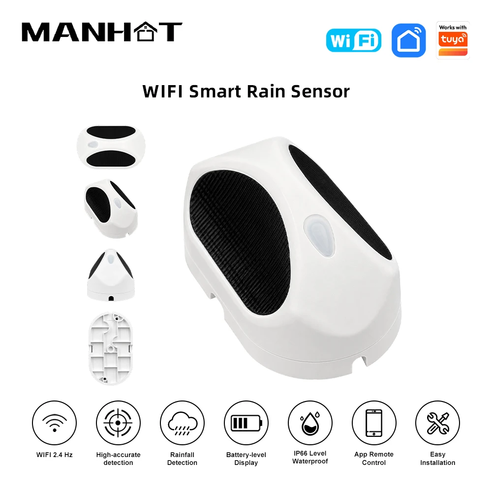 

MANHOT WiFi Rainfall Sensor Battery Powered Outdoor IP65 Waterproof Rain Intensity Detector Work with Tuya Home Scene Automation