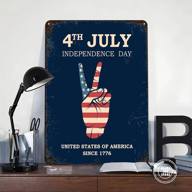 4th of July Peace Sign Tinplate Poster Custom Wall Art Vintage Metal Signs Retro Tin Plaque for Room Decorations Man Cave Decor