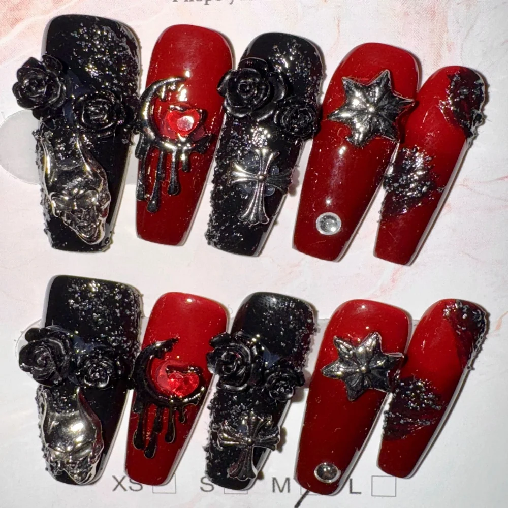 Handmade Y2k Press on Nails Goth Style Black and Red Halloween Fake Nails with Design Full Cover Long Coffin Acrylic Nail Tips