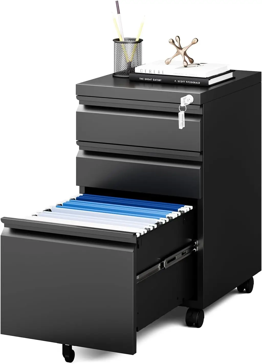 3-Drawer Rolling File Cabinet with Lock, Black Metal, Home O
