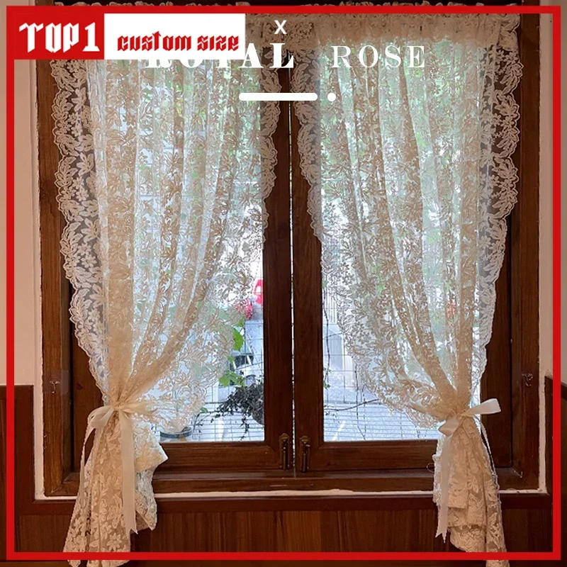 

Korean Lace Embroidery Beige Gauze Curtains For Living Dining Room Bedroom Vintage Court Style Translucent Partition Half Door