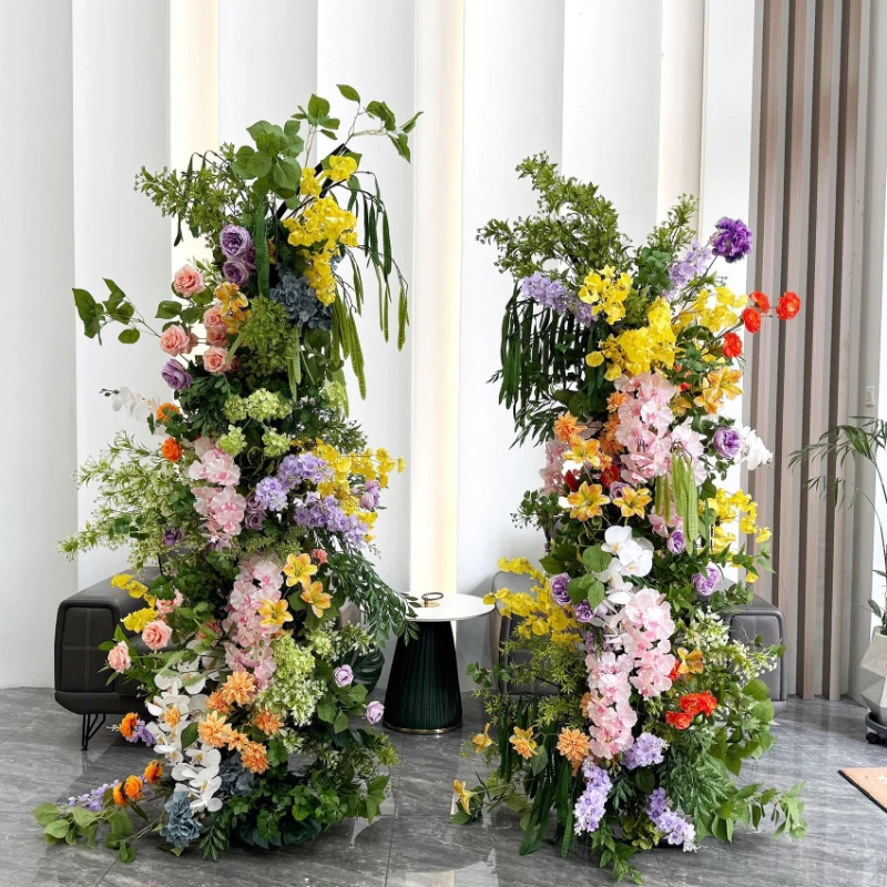 

New horn croissant iron rack floral wedding stage background decoration flower row simulation flower fake flower