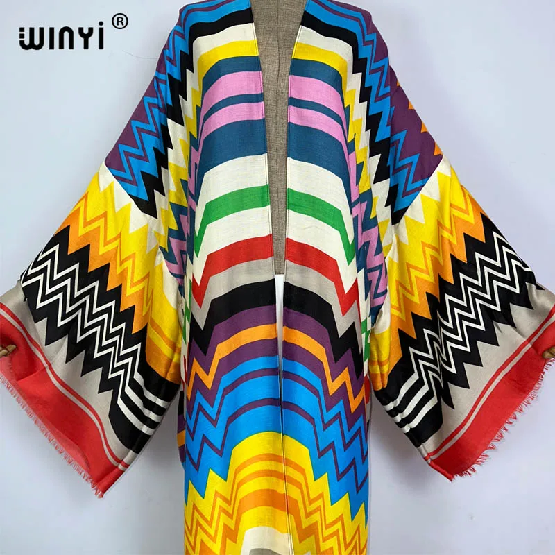 WINYI kimono plaża letnia boho Bikini we wzory elegancka modny kardigan seksowna wakacyjna sukienka z długim rękawem vestidos para playa