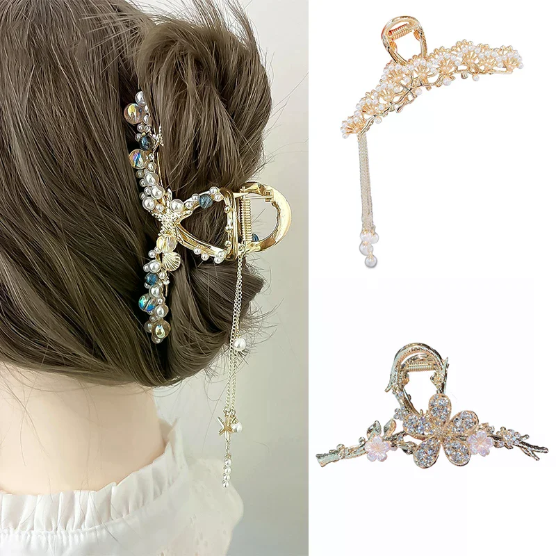 Perlen-Quasten-Haarspange Seestern-Haarnadel Haarklammer Strass-Haarkrabbe Schmuck-Haaraccessoires