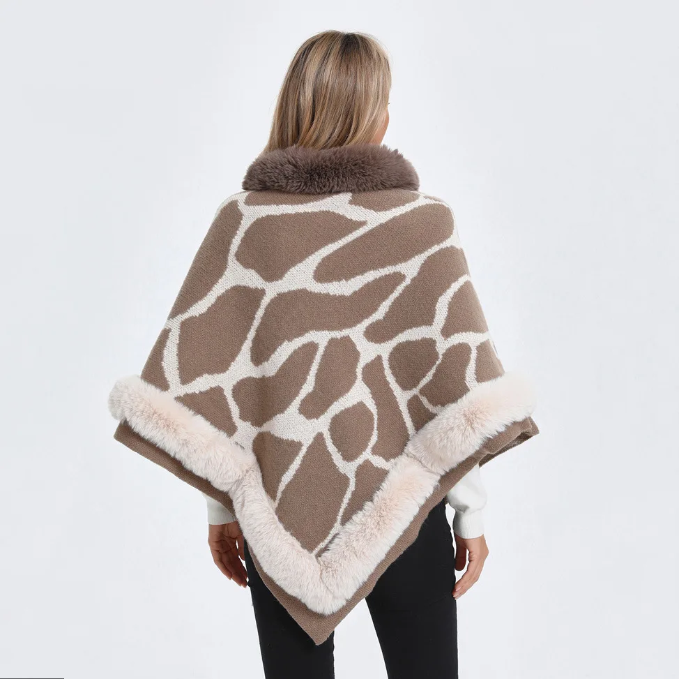 6 Colors 2024 Faux Fur O Neck Triangle Loose Cow Printed Pullover Shawl Cape Women Winter Warm Knitted Poncho Long Overcoat