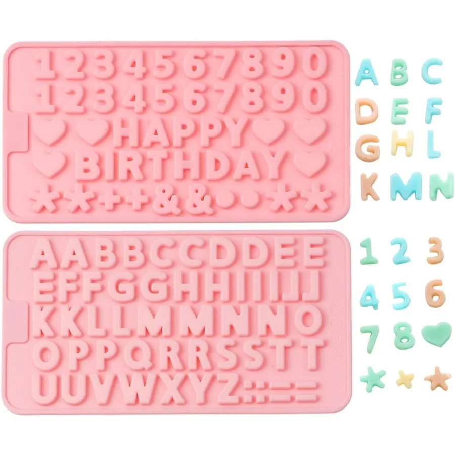 Small Letter Number Silicone Molds Set Candy Chocolate Non-stick Happy Birthday Cake Decorations Baking Mould 2 Pieces Pink
