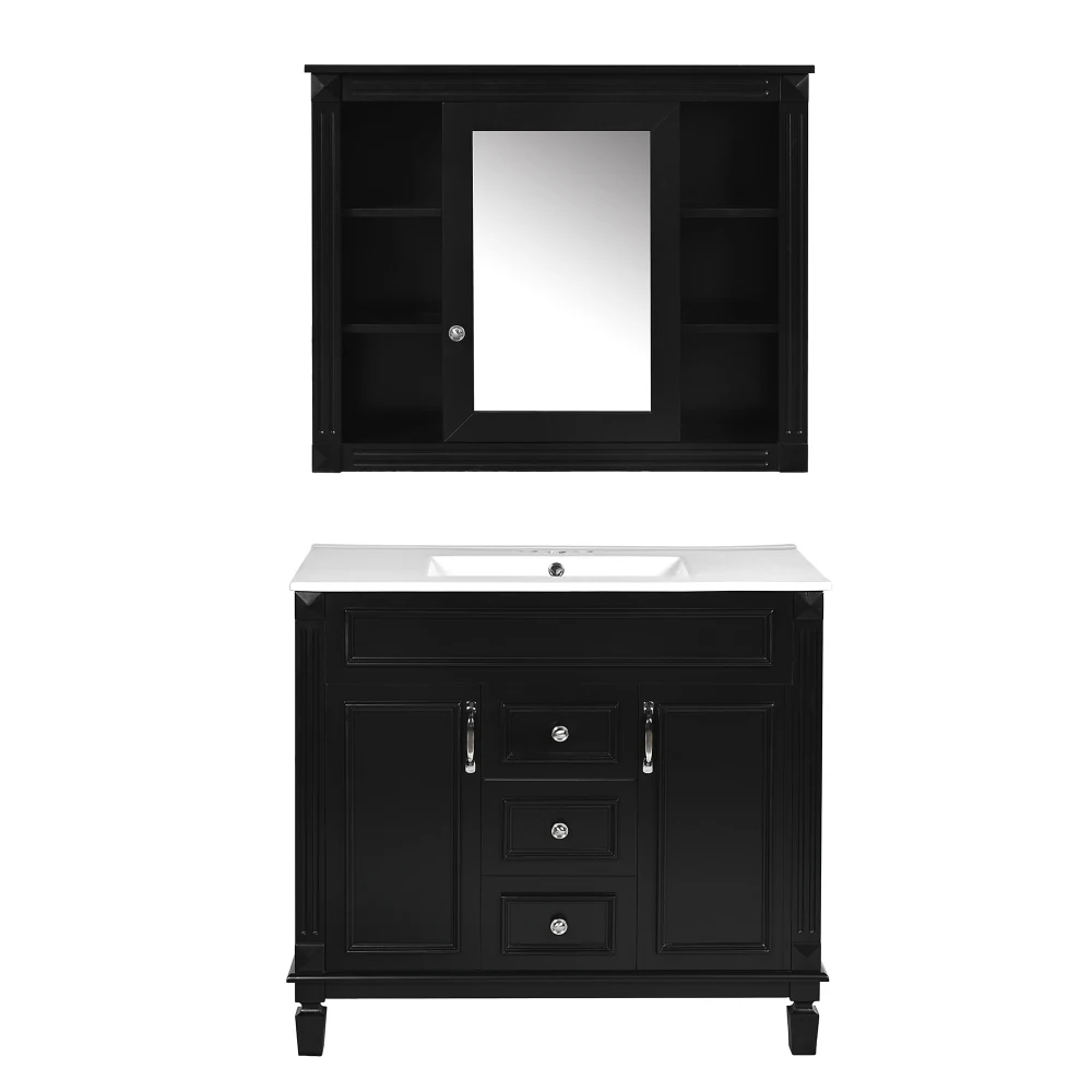 

36 inch bathroom vanity with top sink, black mirror cabinet, modern bathroom storage cabinet with 2 soft doors