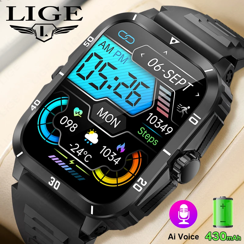 LIGE 3ATM Waterproof Smart Watch Men 1.96 Inch HD Screen AI Voice Call Health Monitor Watch Pedometer Calories Sport Smartwatch