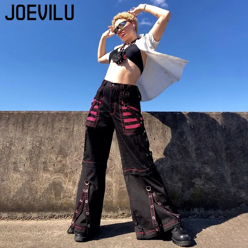 

Straight Wide Leg Casual Trousers Street Trend Dark Style Striped Mesh Patchwork Loose Trousers Womens Clothing with Personality