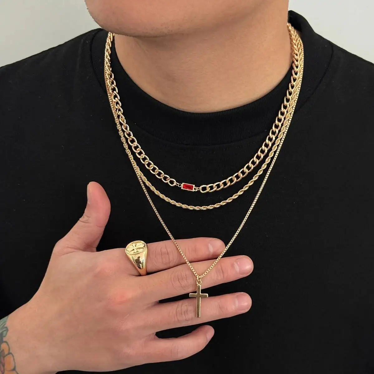 IngeSight.Z 3Pcs/Set Punk HipHop Metal Cross Pendant Necklace Men Trendy Gold Color Thin Snake Cuban Link Chain Necklace Jewelry